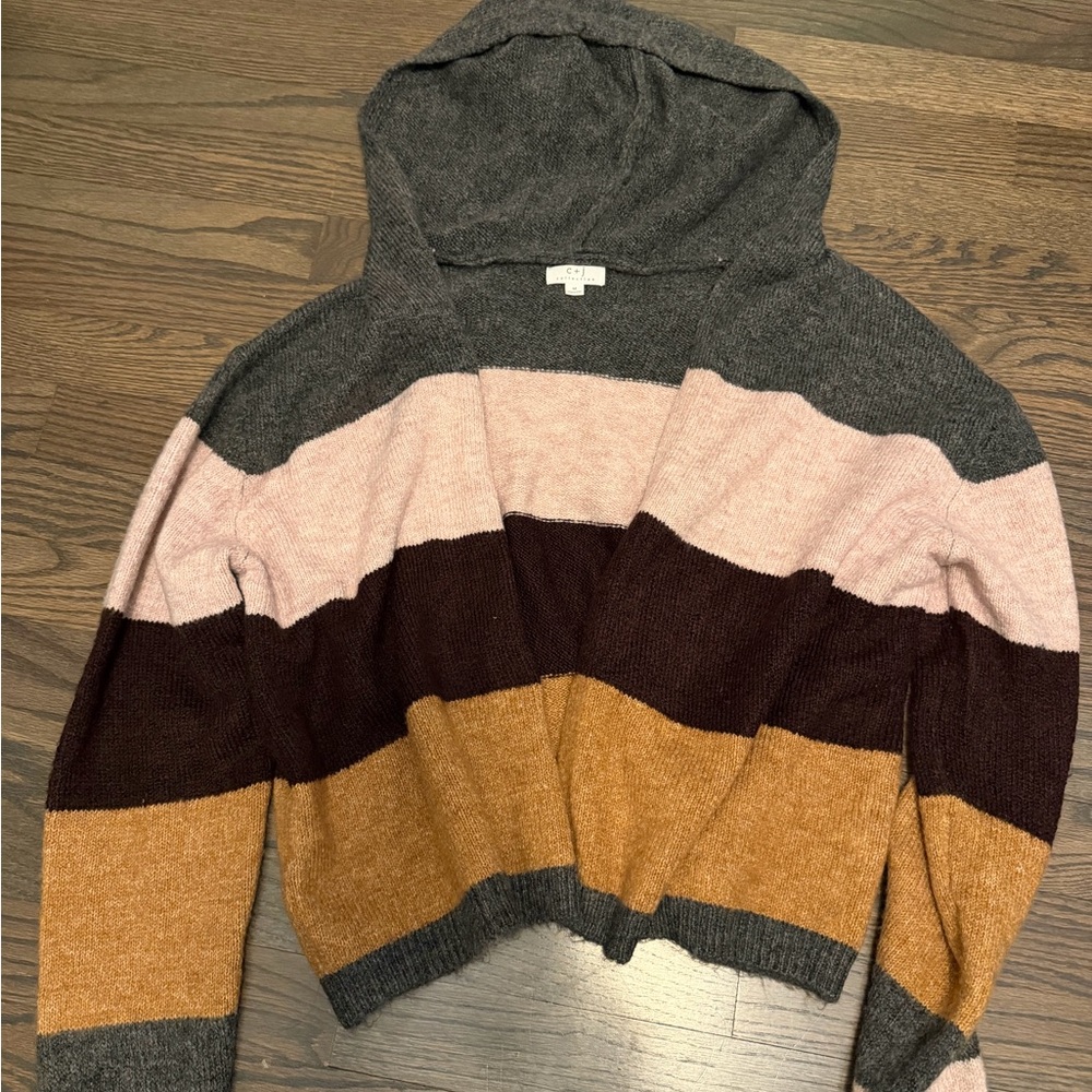 Cozy Striped Hooded Cardigan - Gray, Pink, Brown, Tan